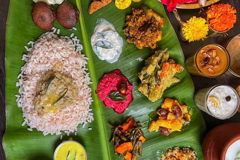 Traditional South Indian meal served on a banana leaf
